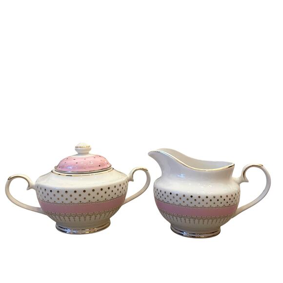 Grace Teaware Fine Porcelain Creamer & Sugar Bowl Pink White Gold Polka Dots New - Picture 1 of 16